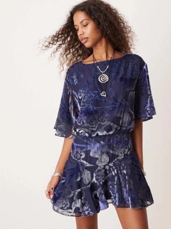 Free People Dresses & Skirts - Free People Manuka Burnout Mini Navy Velvet Texture Dress